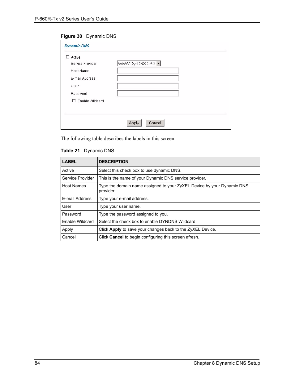 Figure 30dynamic dns 84, Table 21dynamic dns 84 | ZyXEL Communications P-660R-Tx v2 Series User Manual | Page 83 / 175