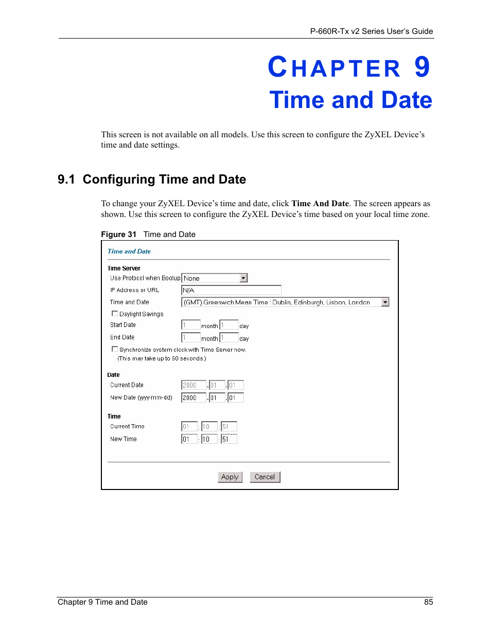 Time and date, 1 configuring time and date, Chapter 9 time and date85 | Configuring time and date 85, Figure 31time and date 85 | ZyXEL Communications P-660R-Tx v2 Series User Manual | Page 84 / 175
