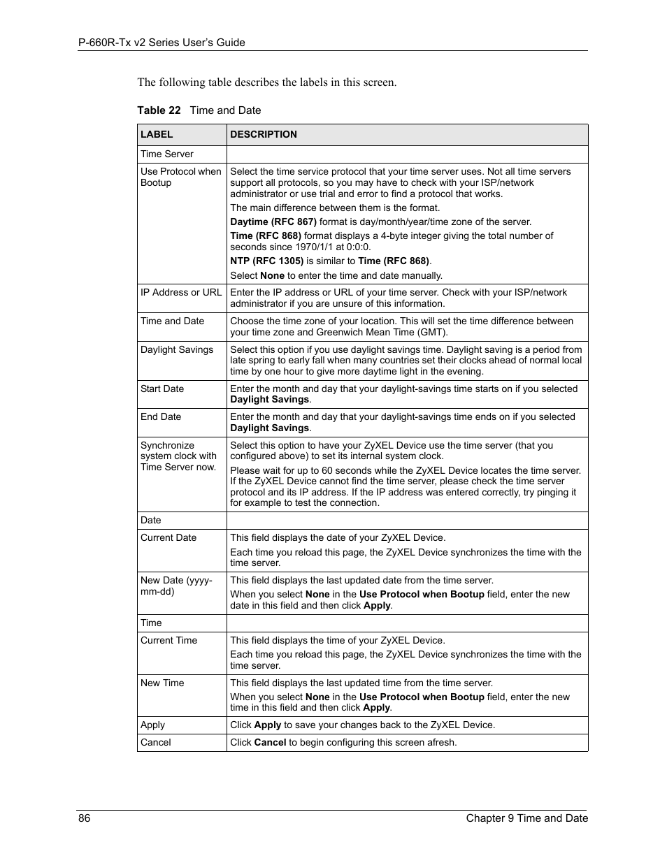 Table 22time and date 86 | ZyXEL Communications P-660R-Tx v2 Series User Manual | Page 85 / 175