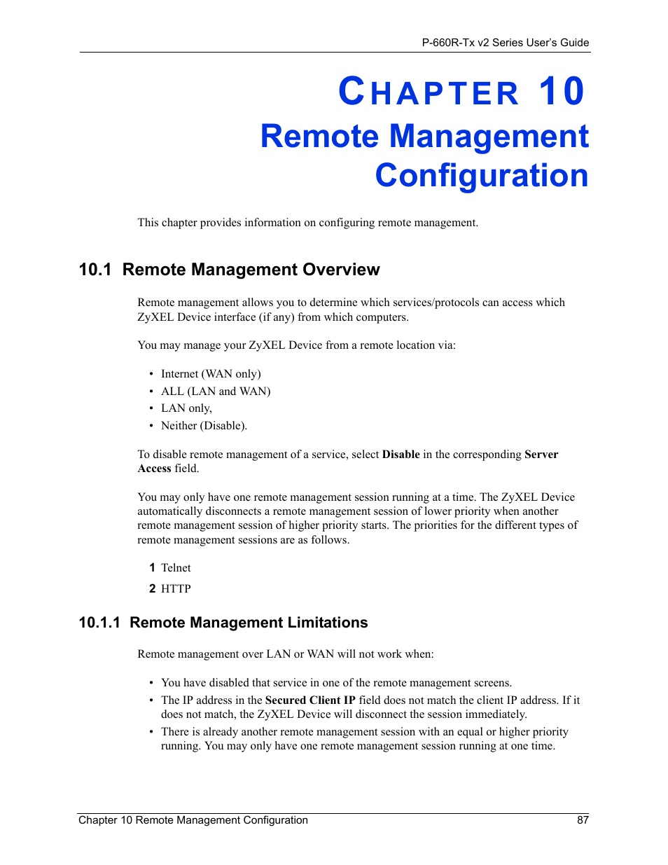 Remote management configuration, 1 remote management overview, 1 remote management limitations | Chapter 10 remote management configuration8, Remote management overview 87, Remote management limitations 87 | ZyXEL Communications P-660R-Tx v2 Series User Manual | Page 86 / 175