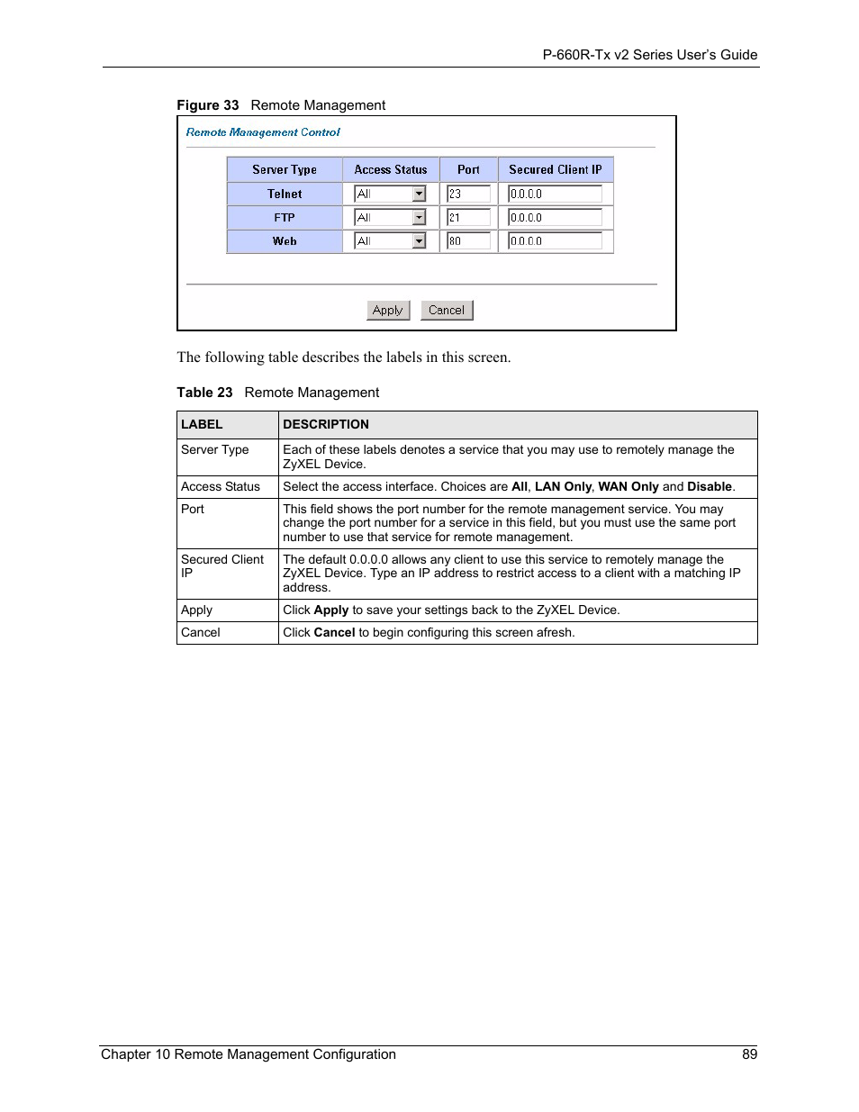 Figure 33remote management 89, Table 23remote management 89 | ZyXEL Communications P-660R-Tx v2 Series User Manual | Page 88 / 175