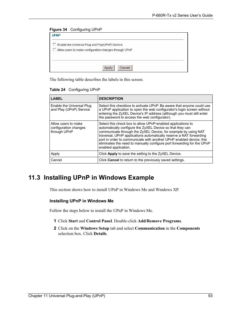 3 installing upnp in windows example, Installing upnp in windows example 93, Figure 34configuring upnp 93 | Table 24configuring upnp 93 | ZyXEL Communications P-660R-Tx v2 Series User Manual | Page 92 / 175