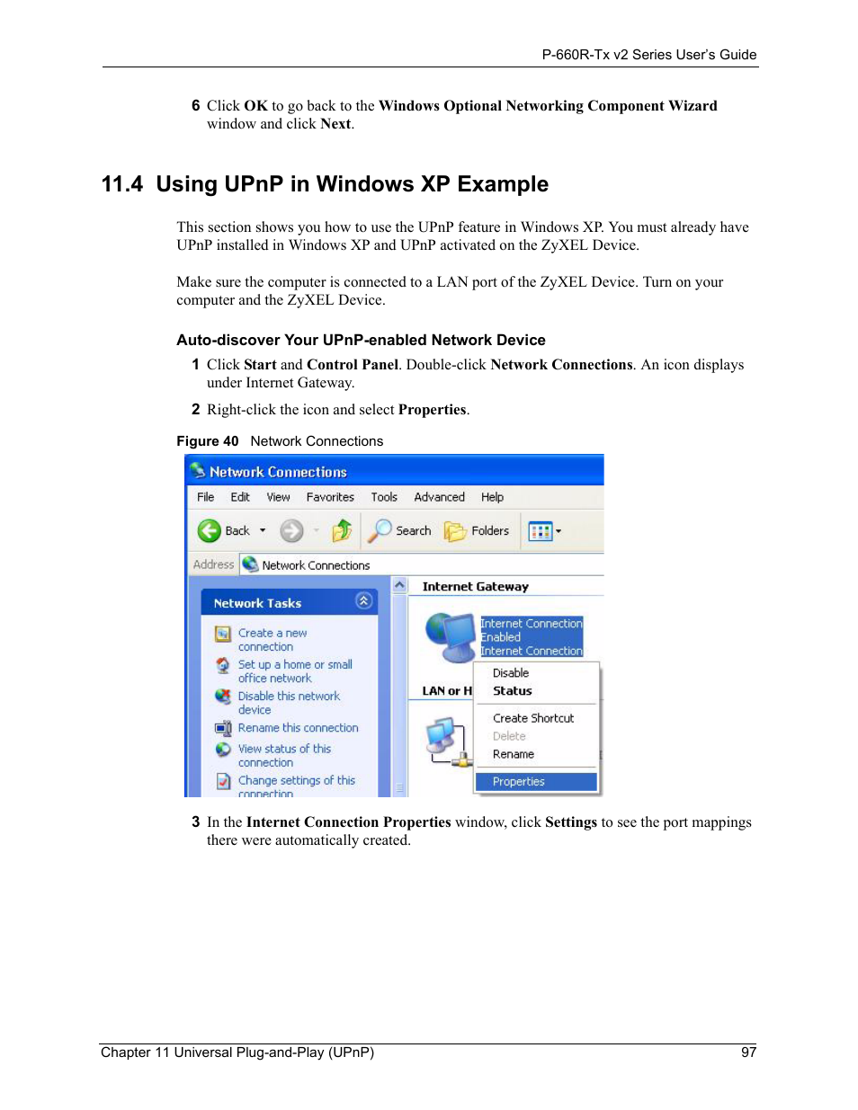 4 using upnp in windows xp example, Using upnp in windows xp example 97, Figure 40network connections 97 | ZyXEL Communications P-660R-Tx v2 Series User Manual | Page 96 / 175