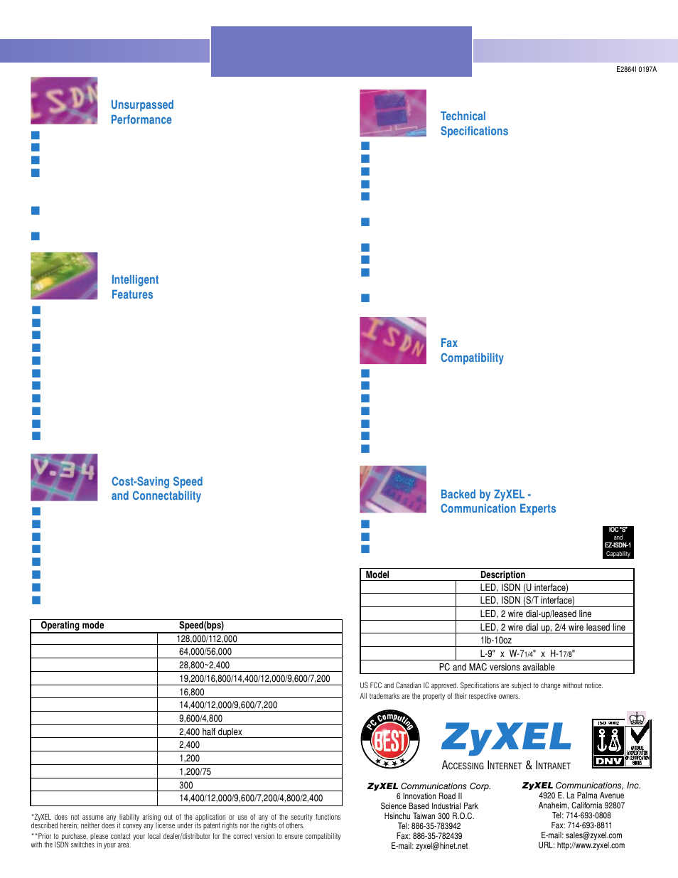 Elite 2864i, Zyxel, Technical specifications | Intelligent features, Cost-saving speed and connectability, Fax compatibility, Backed by zyxel - communication experts, Unsurpassed performance | ZyXEL Communications ELITE 2864I User Manual | Page 2 / 2