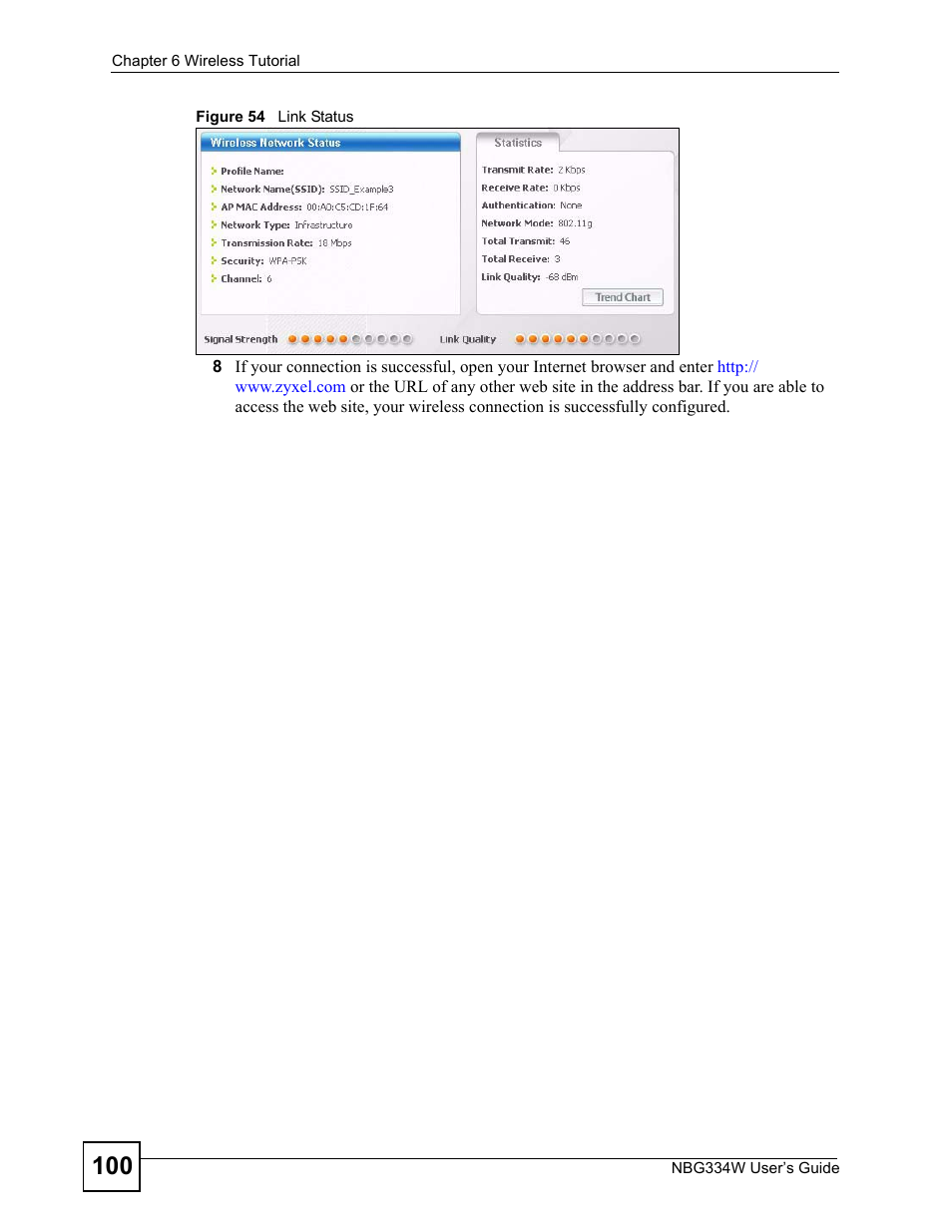 Figure 54 link status | ZyXEL Communications NBG334W User Manual | Page 100 / 296