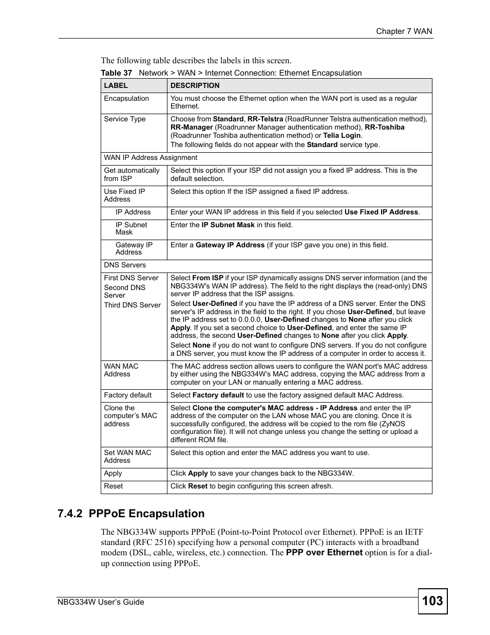 2 pppoe encapsulation | ZyXEL Communications NBG334W User Manual | Page 103 / 296