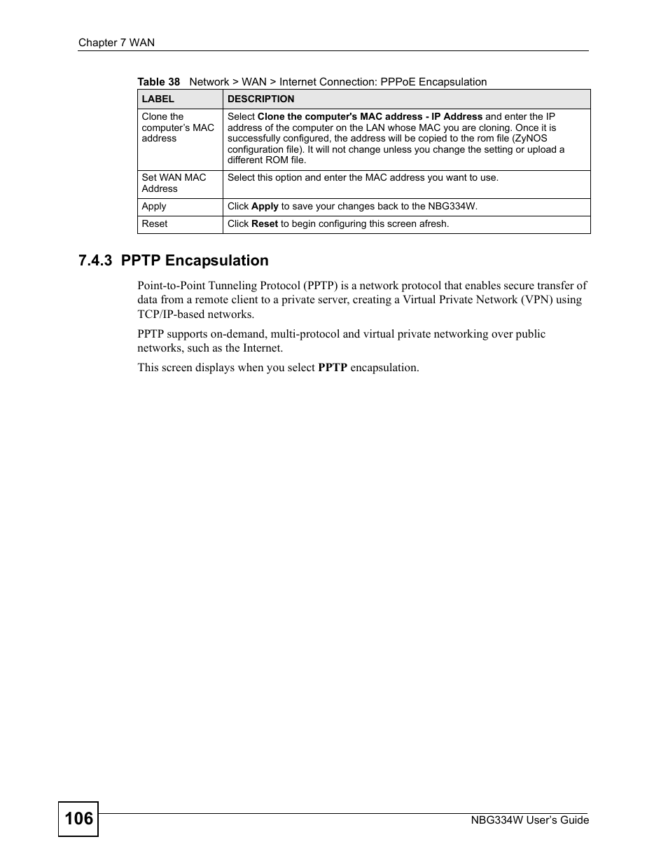 3 pptp encapsulation | ZyXEL Communications NBG334W User Manual | Page 106 / 296