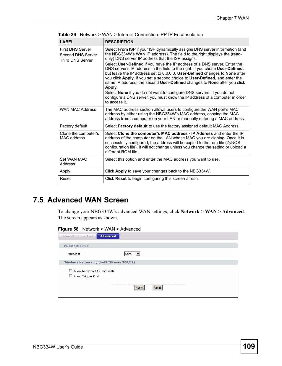 5 advanced wan screen, Figure 58 network > wan > advanced | ZyXEL Communications NBG334W User Manual | Page 109 / 296