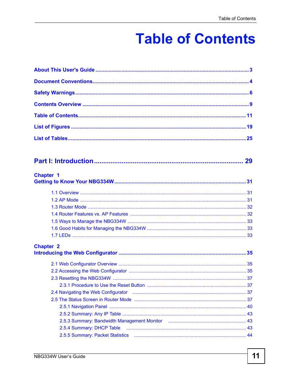 ZyXEL Communications NBG334W User Manual | Page 11 / 296