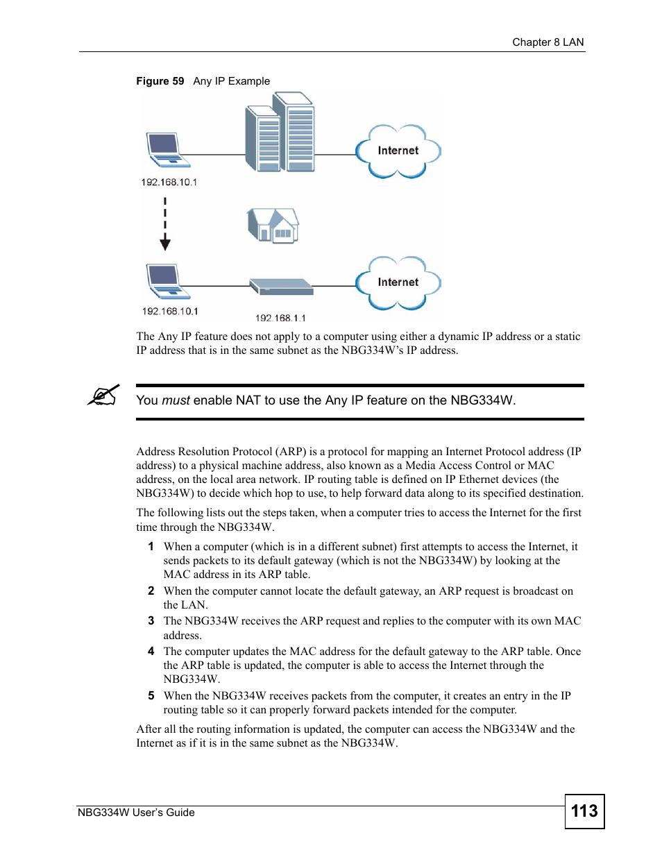 Figure 59 any ip example | ZyXEL Communications NBG334W User Manual | Page 113 / 296