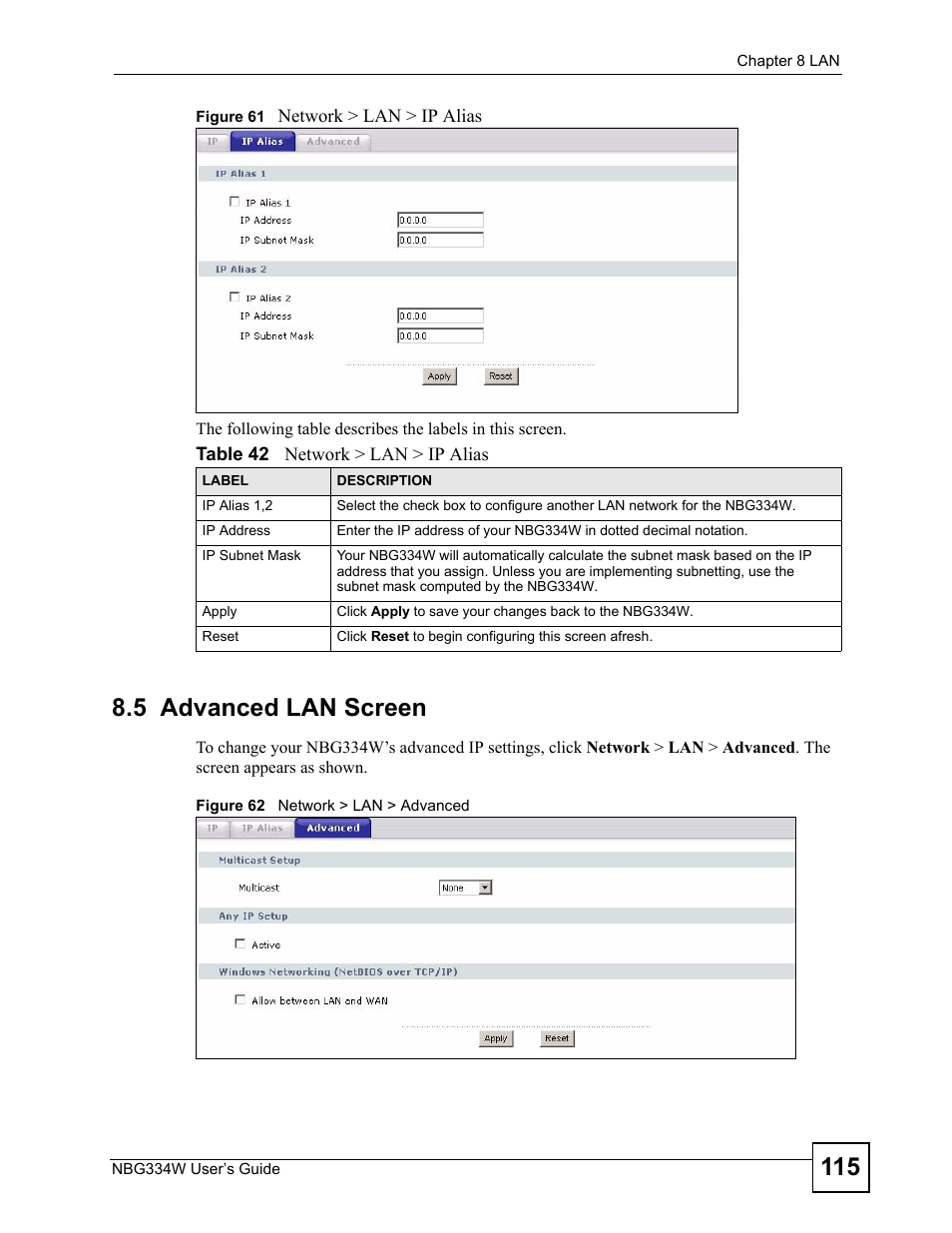 5 advanced lan screen, Table 42 network > lan > ip alias | ZyXEL Communications NBG334W User Manual | Page 115 / 296