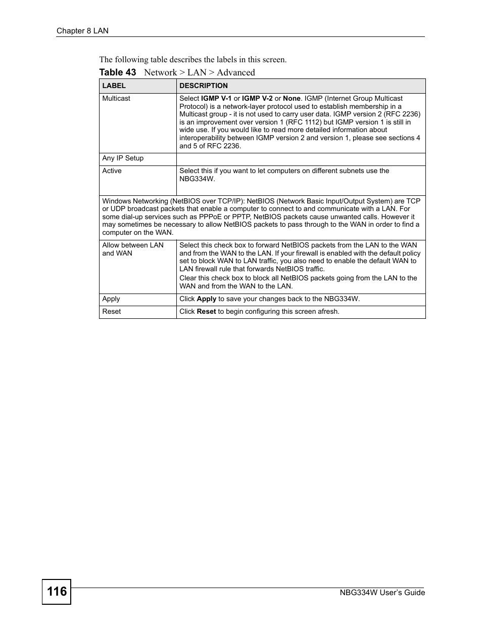 Table 43 network > lan > advanced | ZyXEL Communications NBG334W User Manual | Page 116 / 296