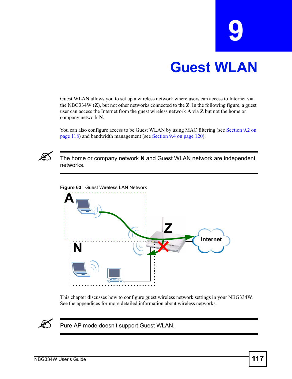 Guest wlan, Chapter 9 guest wlan, Figure 63 guest wireless lan network | Guest wlan (117), Na z | ZyXEL Communications NBG334W User Manual | Page 117 / 296