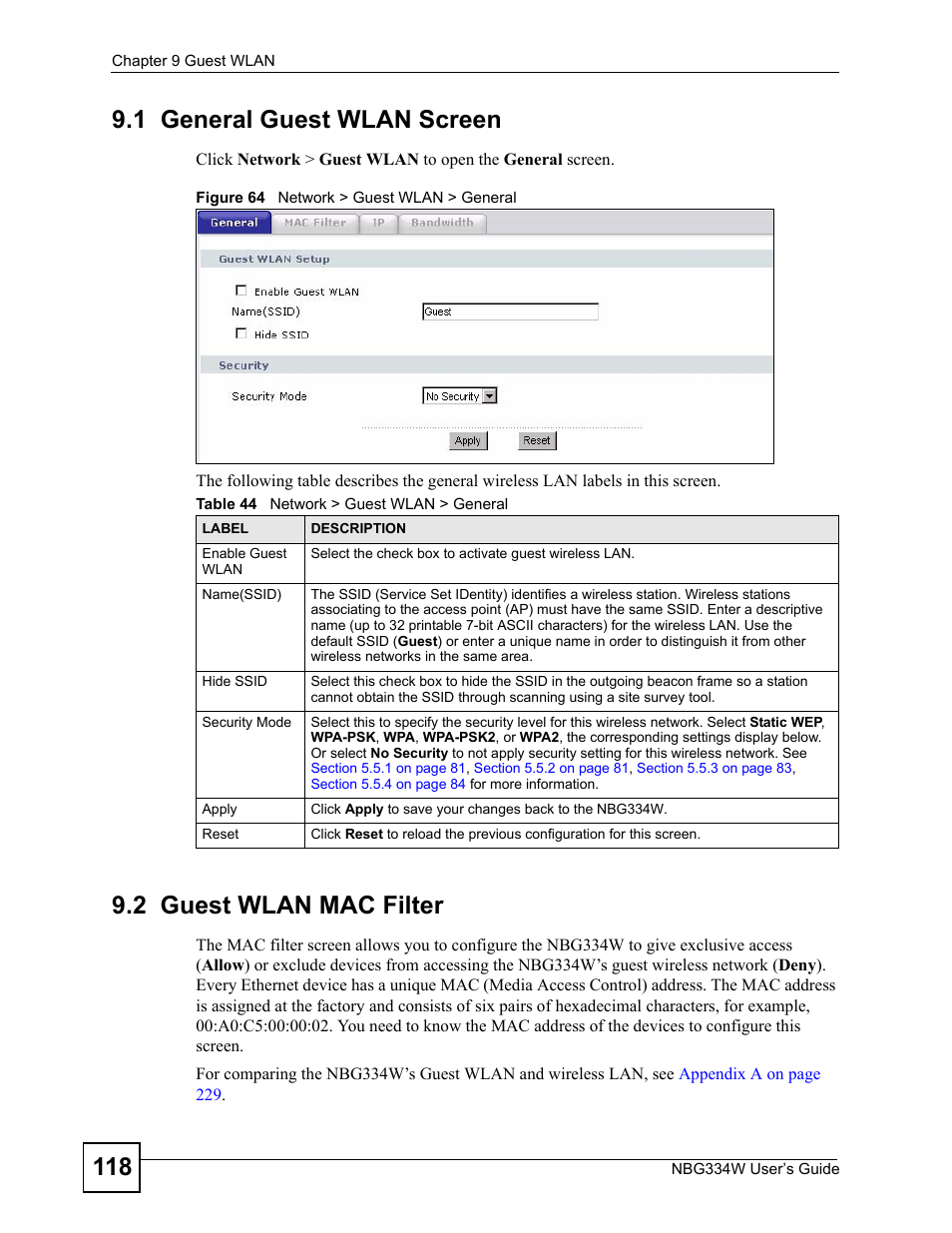 1 general guest wlan screen, 2 guest wlan mac filter, Figure 64 network > guest wlan > general | Table 44 network > guest wlan > general, Section 9.2 on, And bandwidth mana | ZyXEL Communications NBG334W User Manual | Page 118 / 296