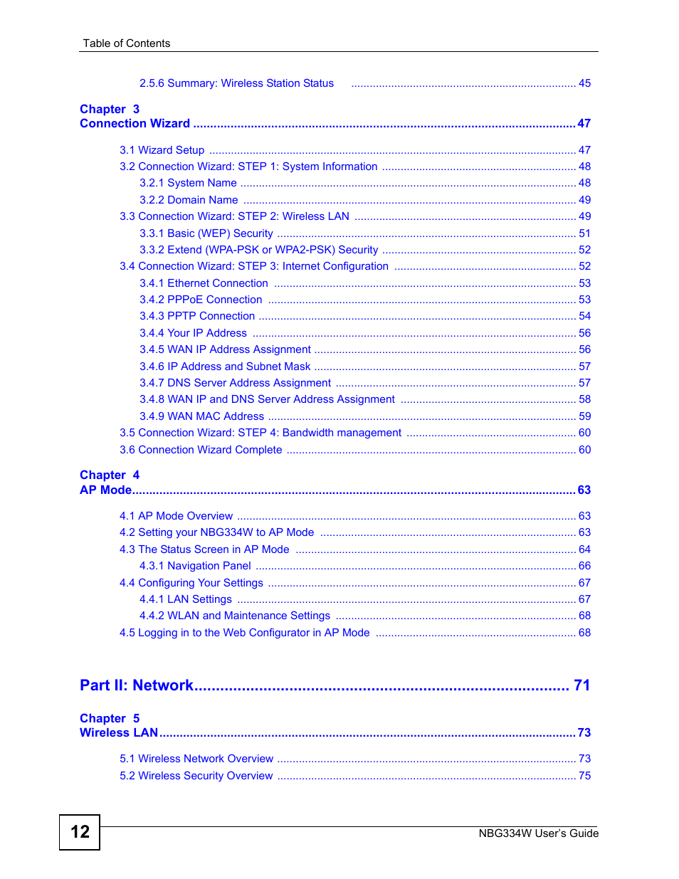 Part ii: network | ZyXEL Communications NBG334W User Manual | Page 12 / 296