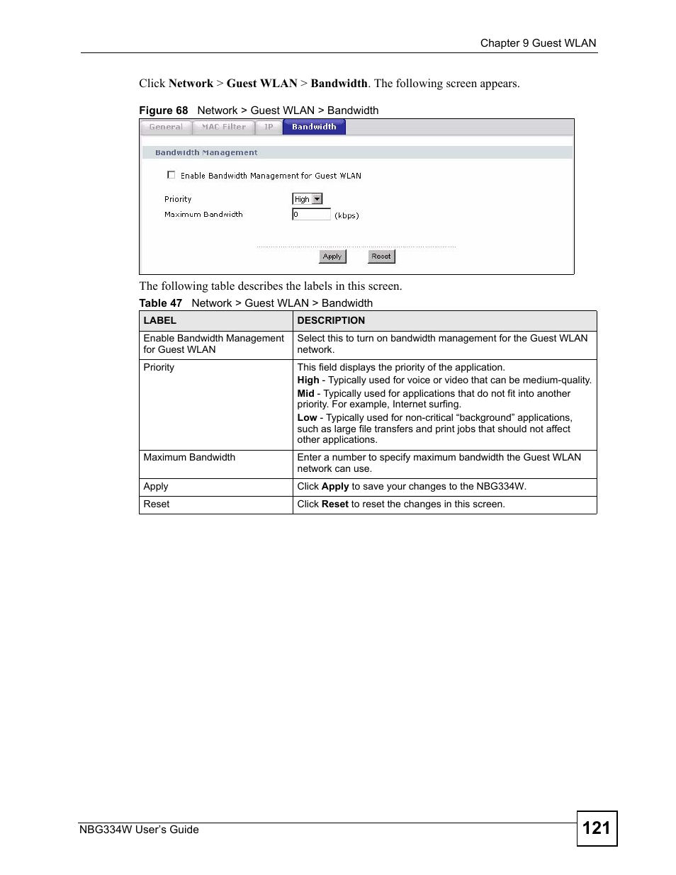 Figure 68 network > guest wlan > bandwidth, Table 47 network > guest wlan > bandwidth | ZyXEL Communications NBG334W User Manual | Page 121 / 296