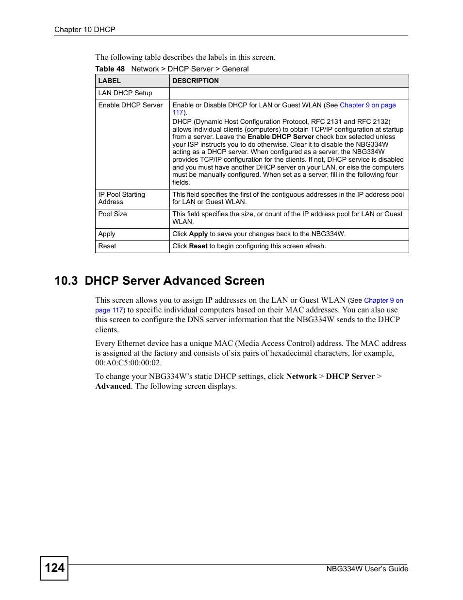 3 dhcp server advanced screen, Table 48 network > dhcp server > general | ZyXEL Communications NBG334W User Manual | Page 124 / 296