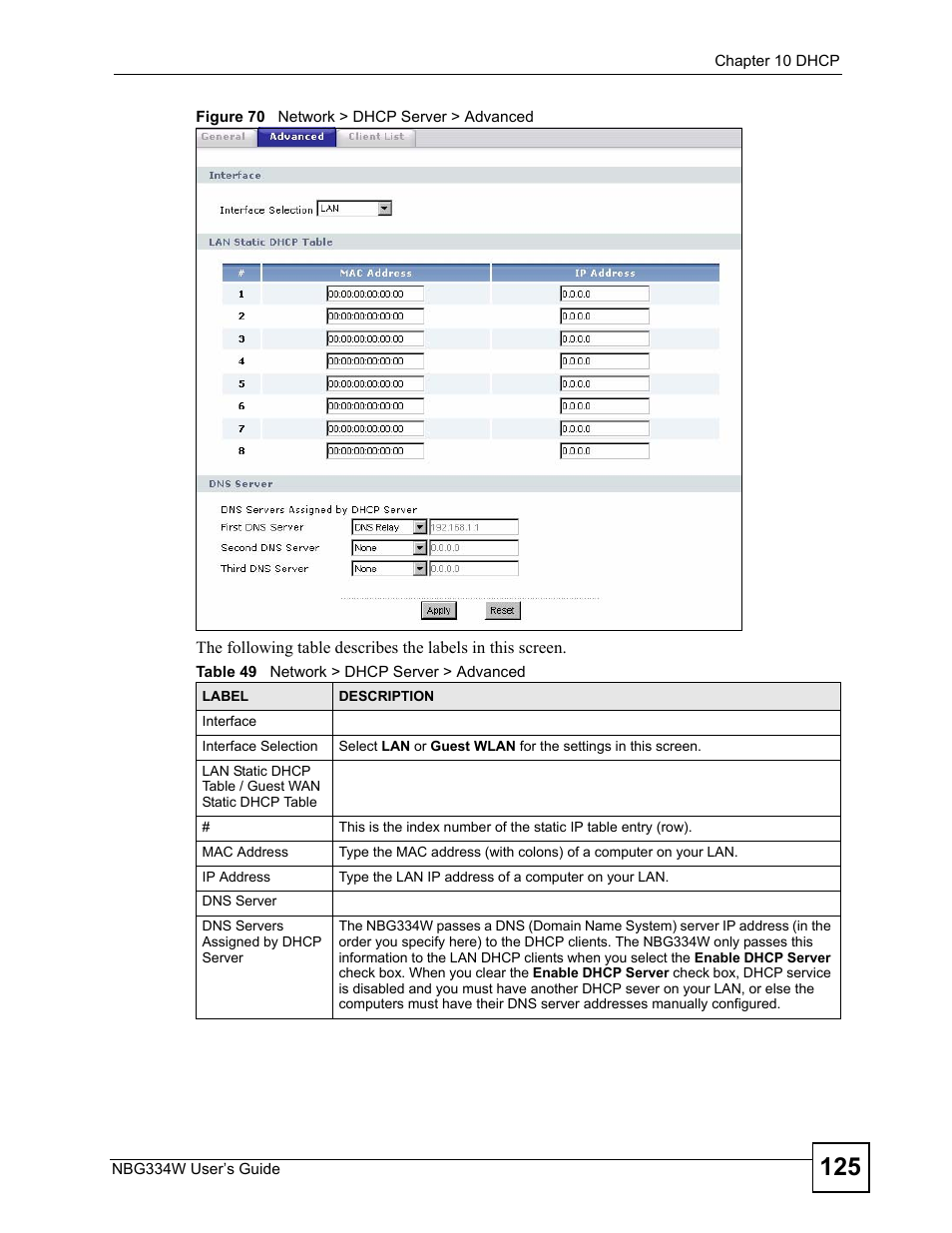 Figure 70 network > dhcp server > advanced, Table 49 network > dhcp server > advanced | ZyXEL Communications NBG334W User Manual | Page 125 / 296