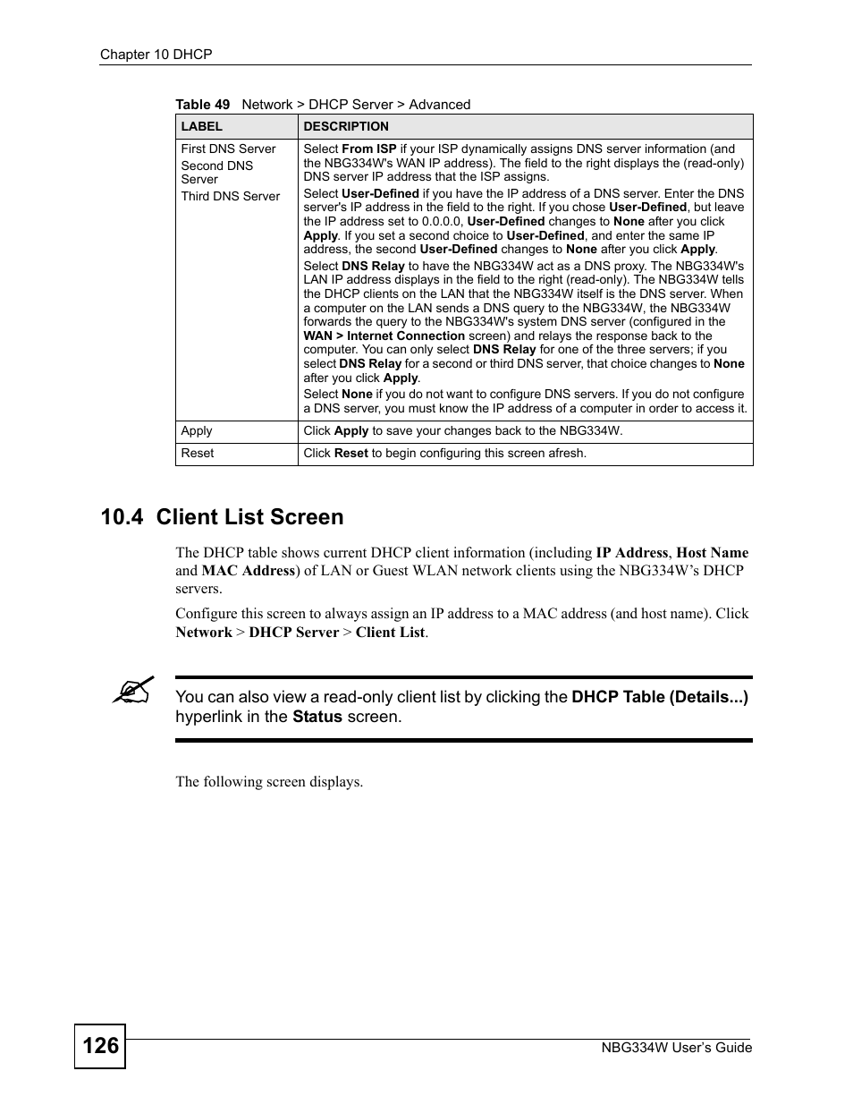 4 client list screen | ZyXEL Communications NBG334W User Manual | Page 126 / 296