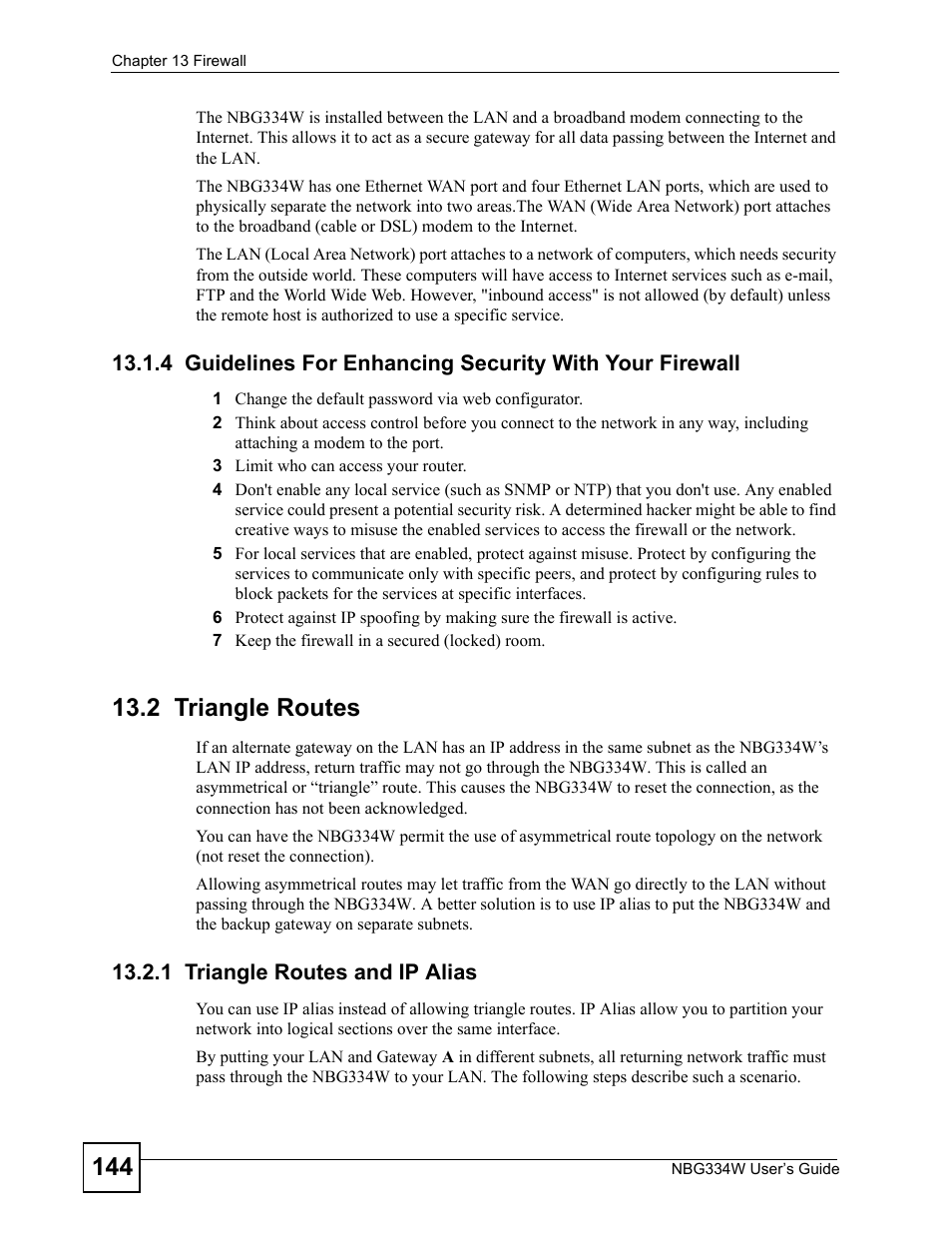 2 triangle routes, 1 triangle routes and ip alias | ZyXEL Communications NBG334W User Manual | Page 144 / 296