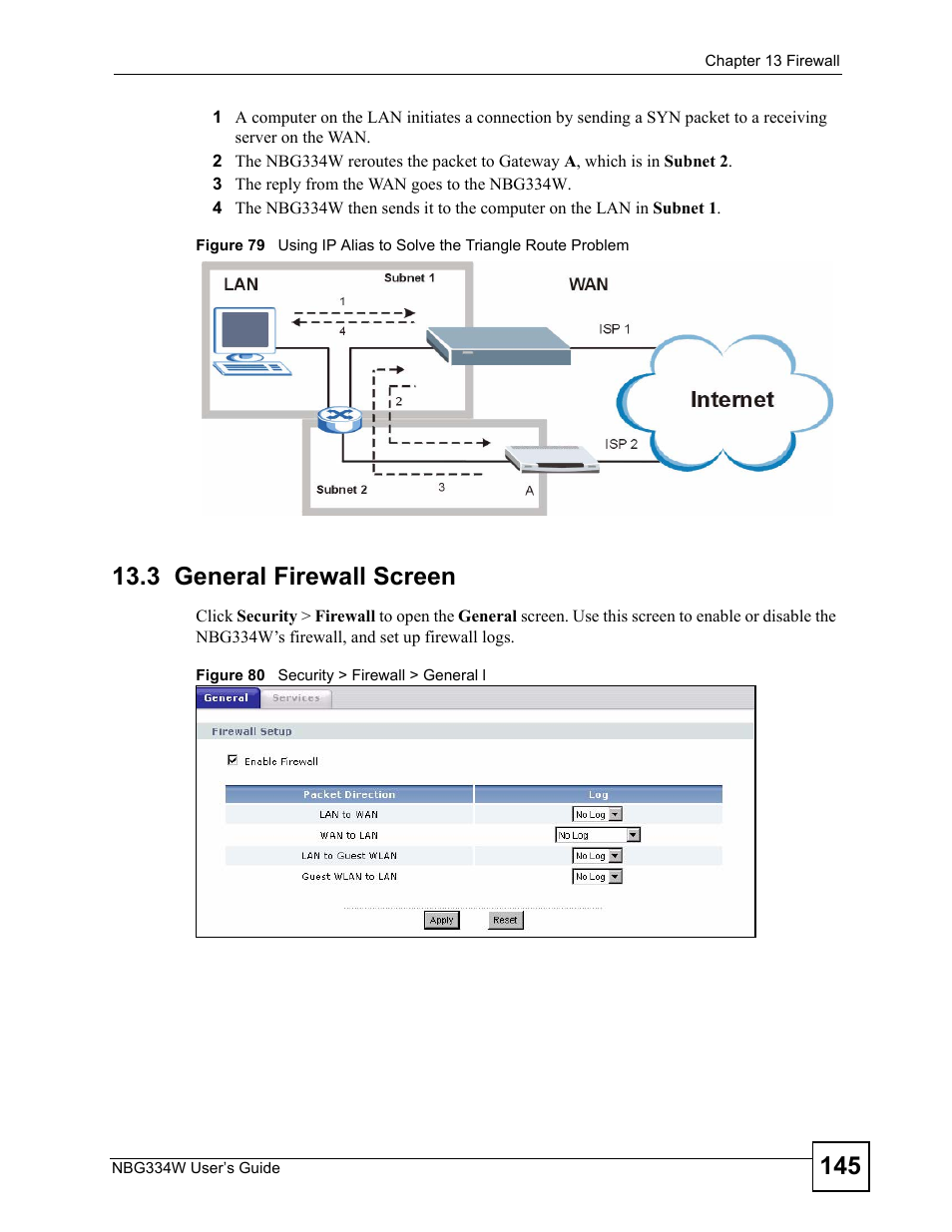 3 general firewall screen | ZyXEL Communications NBG334W User Manual | Page 145 / 296