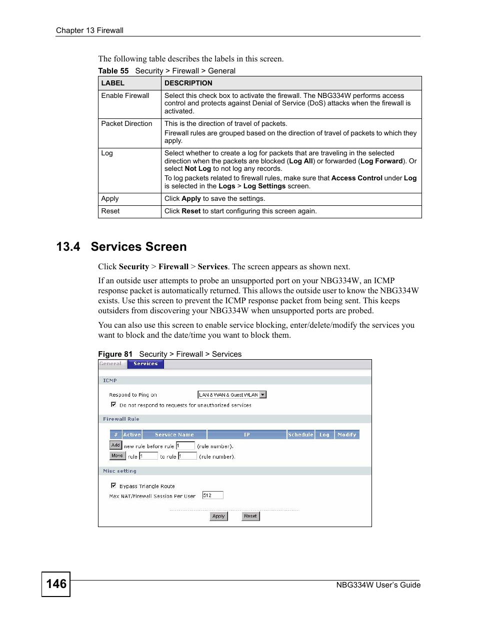 4 services screen, Figure 81 security > firewall > services, Table 55 security > firewall > general | ZyXEL Communications NBG334W User Manual | Page 146 / 296