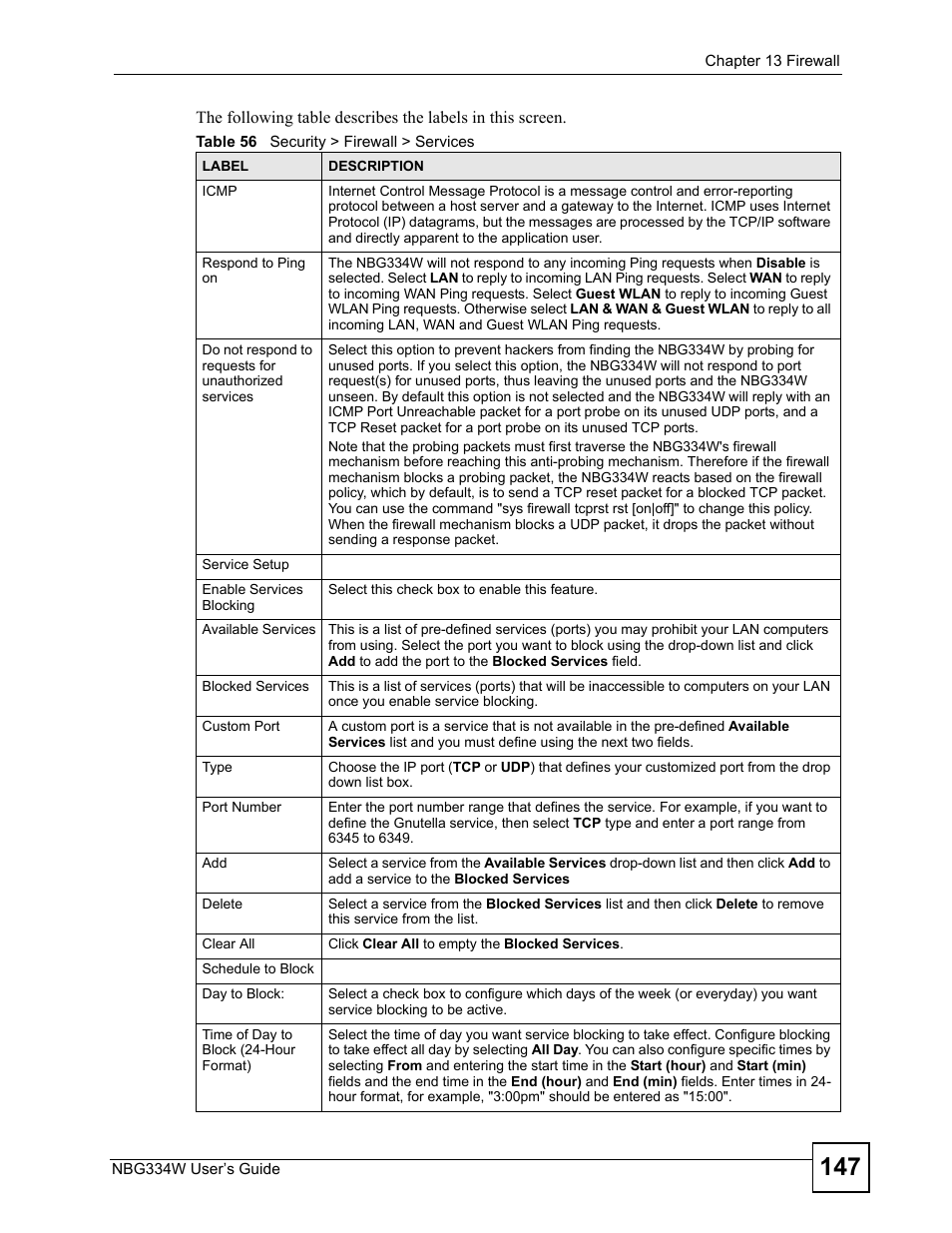 Table 56 security > firewall > services | ZyXEL Communications NBG334W User Manual | Page 147 / 296