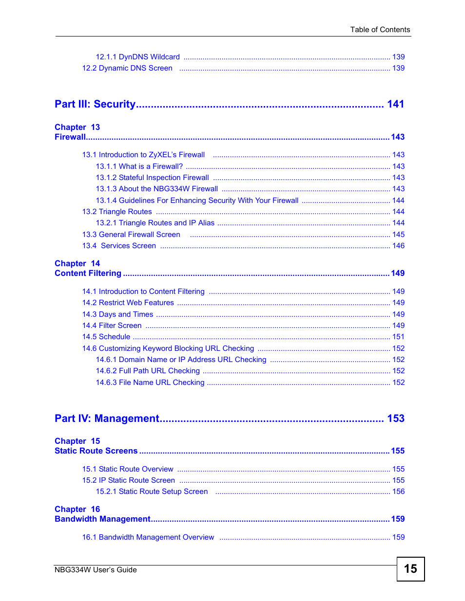 Part iii: security, Part iv: management | ZyXEL Communications NBG334W User Manual | Page 15 / 296