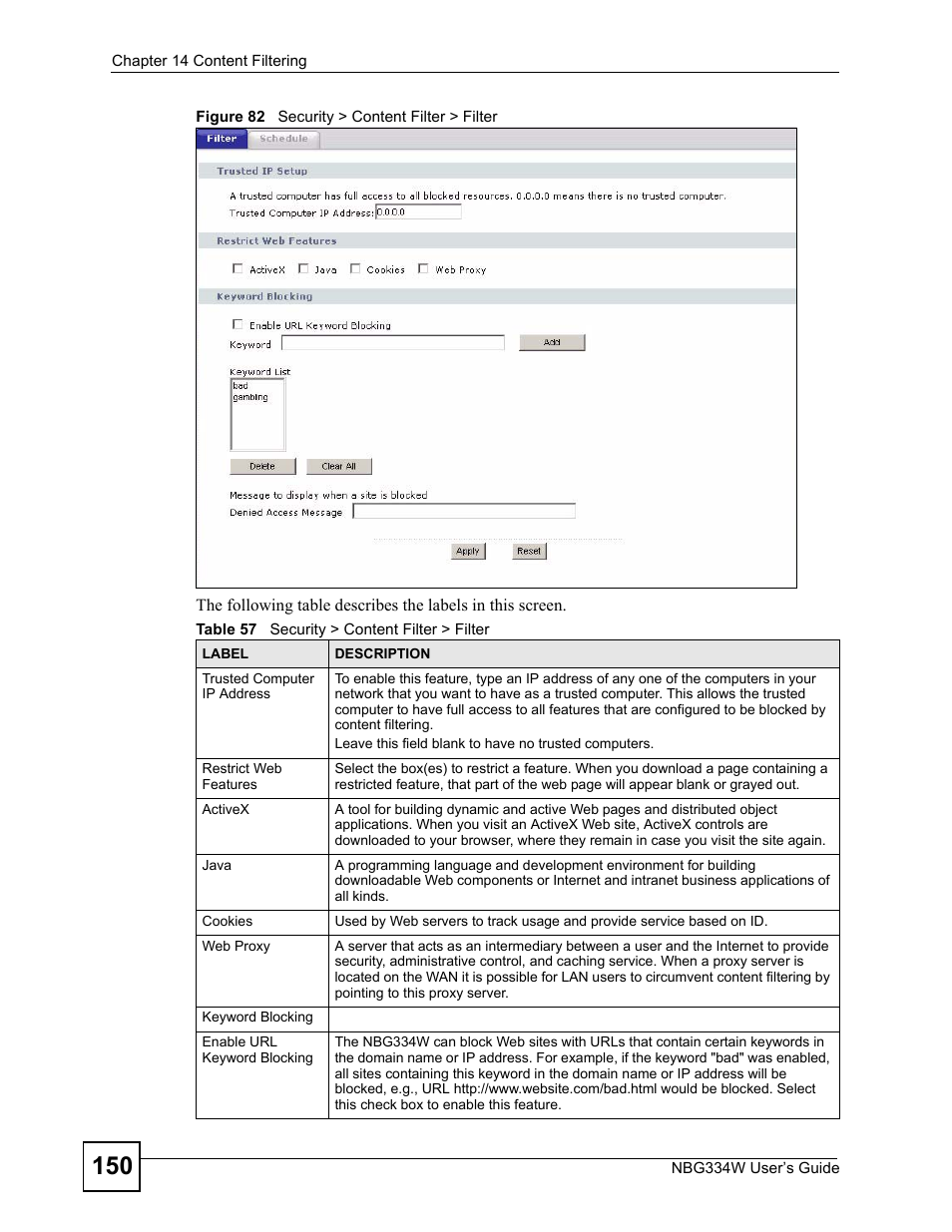 Figure 82 security > content filter > filter, Table 57 security > content filter > filter | ZyXEL Communications NBG334W User Manual | Page 150 / 296