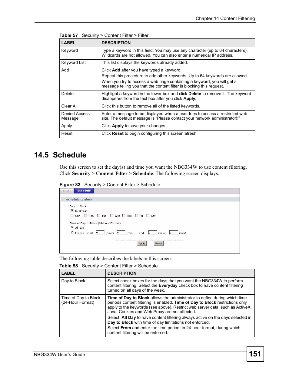 5 schedule, Figure 83 security > content filter > schedule, Table 58 security > content filter > schedule | ZyXEL Communications NBG334W User Manual | Page 151 / 296