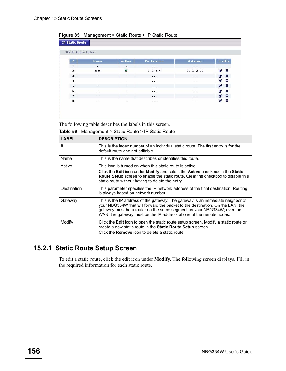 1 static route setup screen | ZyXEL Communications NBG334W User Manual | Page 156 / 296