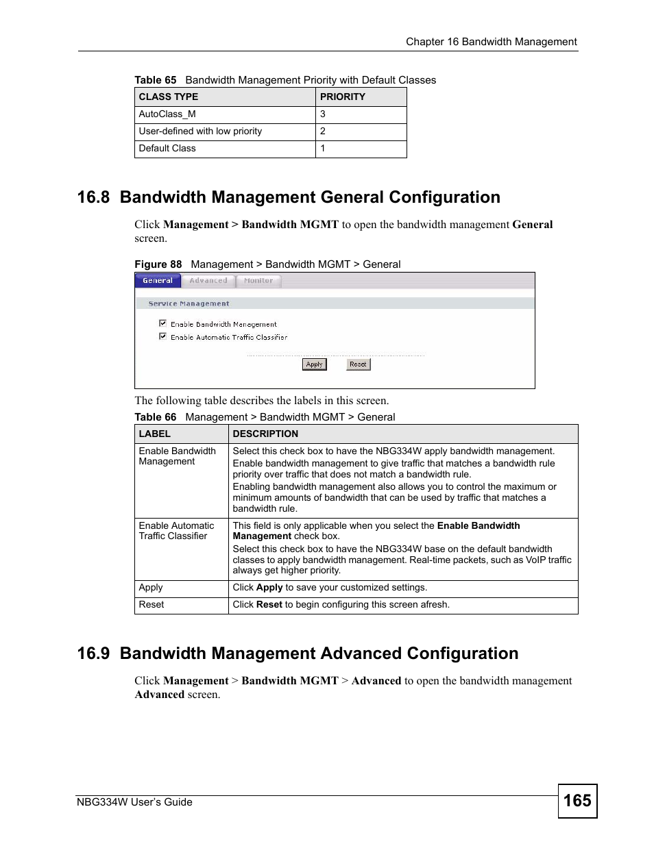 8 bandwidth management general configuration, 9 bandwidth management advanced configuration, Figure 88 management > bandwidth mgmt > general | Table 66 management > bandwidth mgmt > general | ZyXEL Communications NBG334W User Manual | Page 165 / 296