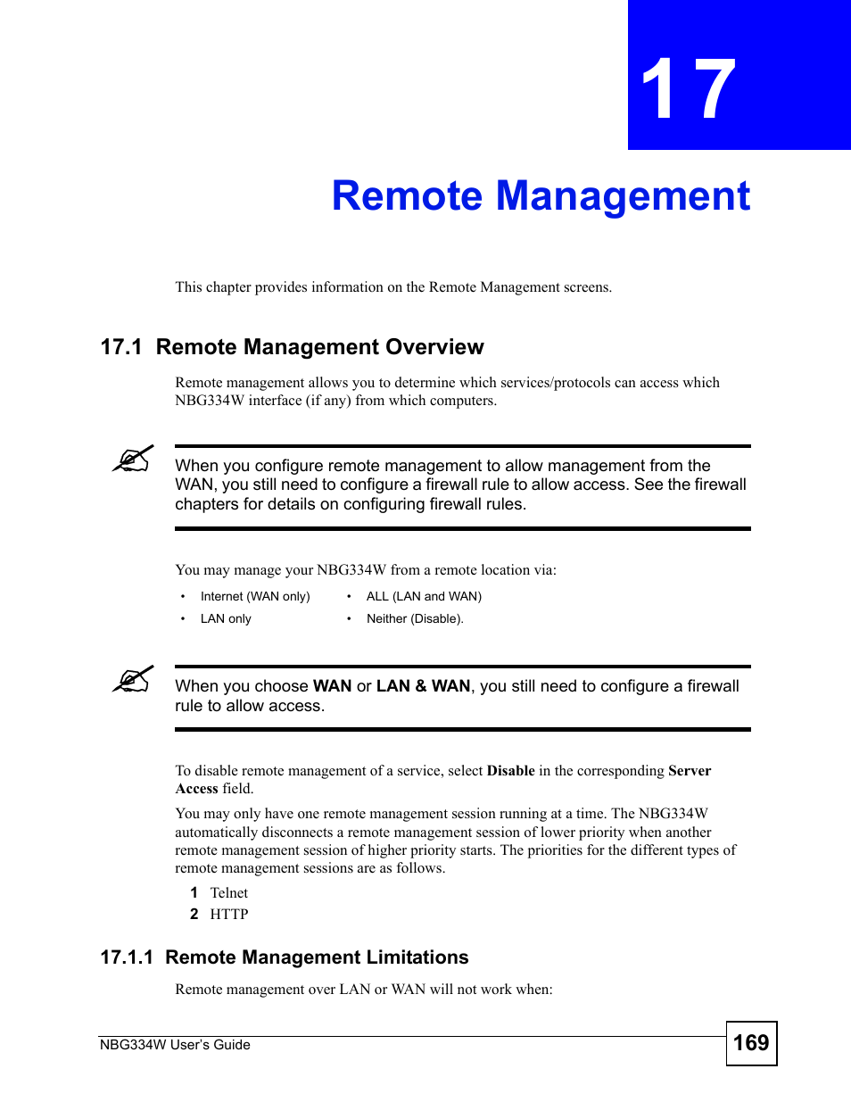 Remote management, 1 remote management overview, 1 remote management limitations | Chapter 17 remote management, Remote management (169) | ZyXEL Communications NBG334W User Manual | Page 169 / 296