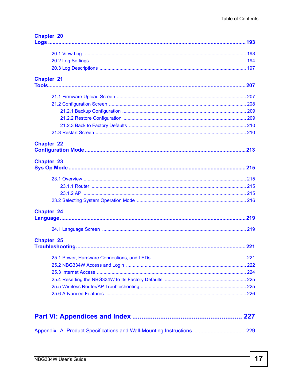 Part vi: appendices and index | ZyXEL Communications NBG334W User Manual | Page 17 / 296