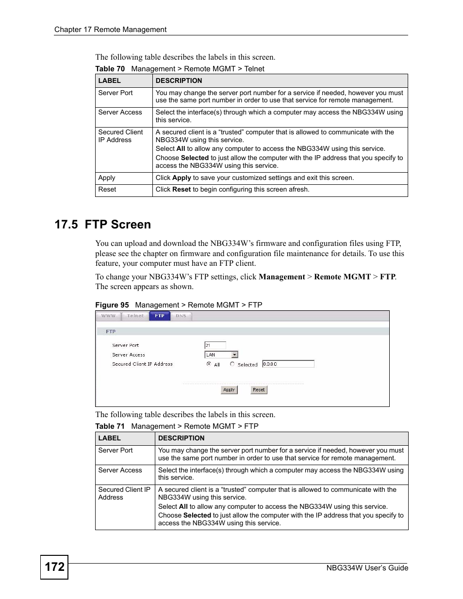 5 ftp screen, Figure 95 management > remote mgmt > ftp | ZyXEL Communications NBG334W User Manual | Page 172 / 296