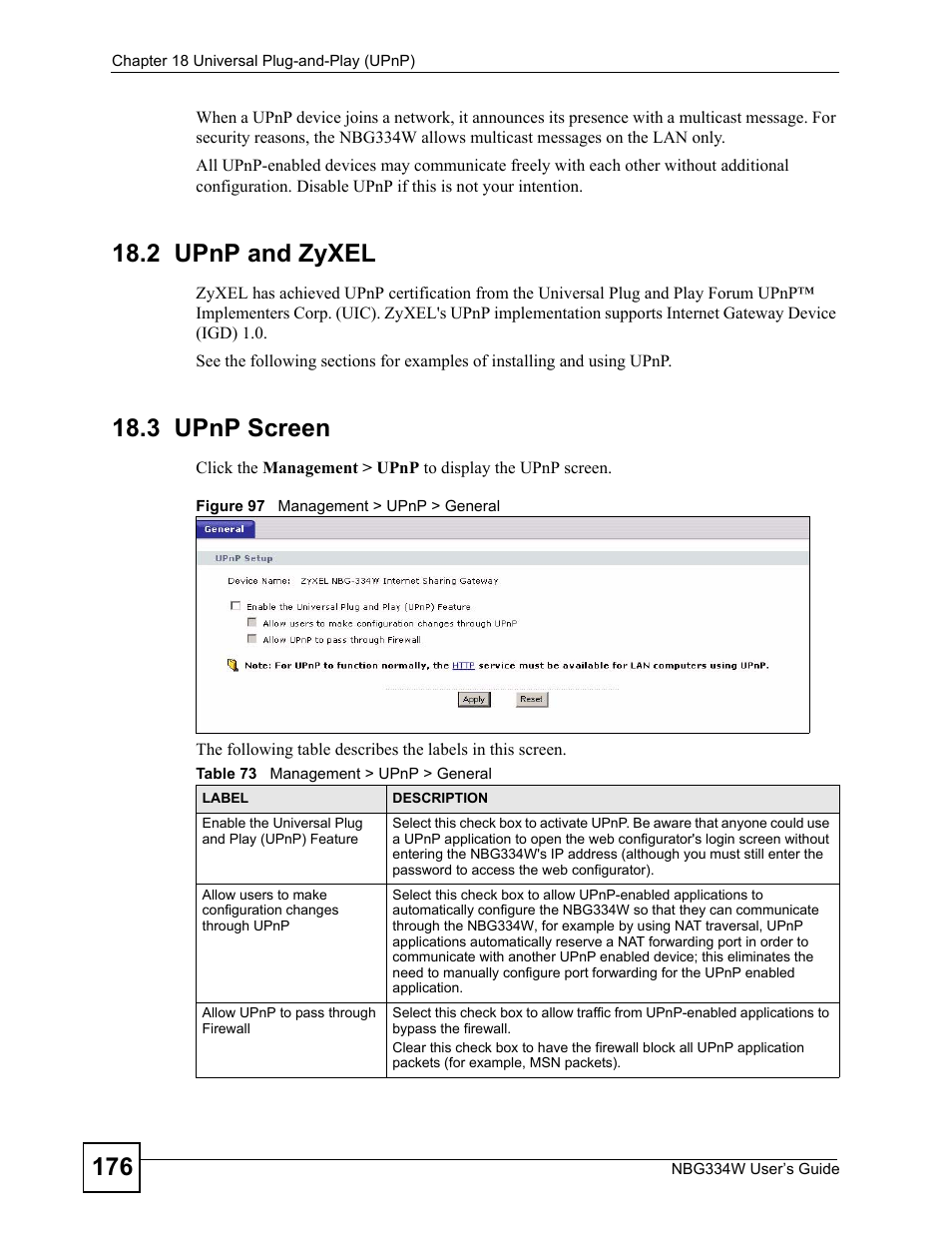 2 upnp and zyxel, 3 upnp screen, 2 upnp and zyxel 18.3 upnp screen | Figure 97 management > upnp > general, Table 73 management > upnp > general | ZyXEL Communications NBG334W User Manual | Page 176 / 296