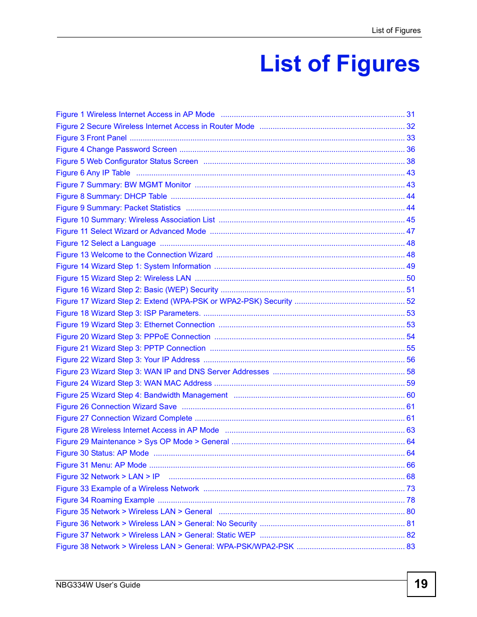 List of figures | ZyXEL Communications NBG334W User Manual | Page 19 / 296