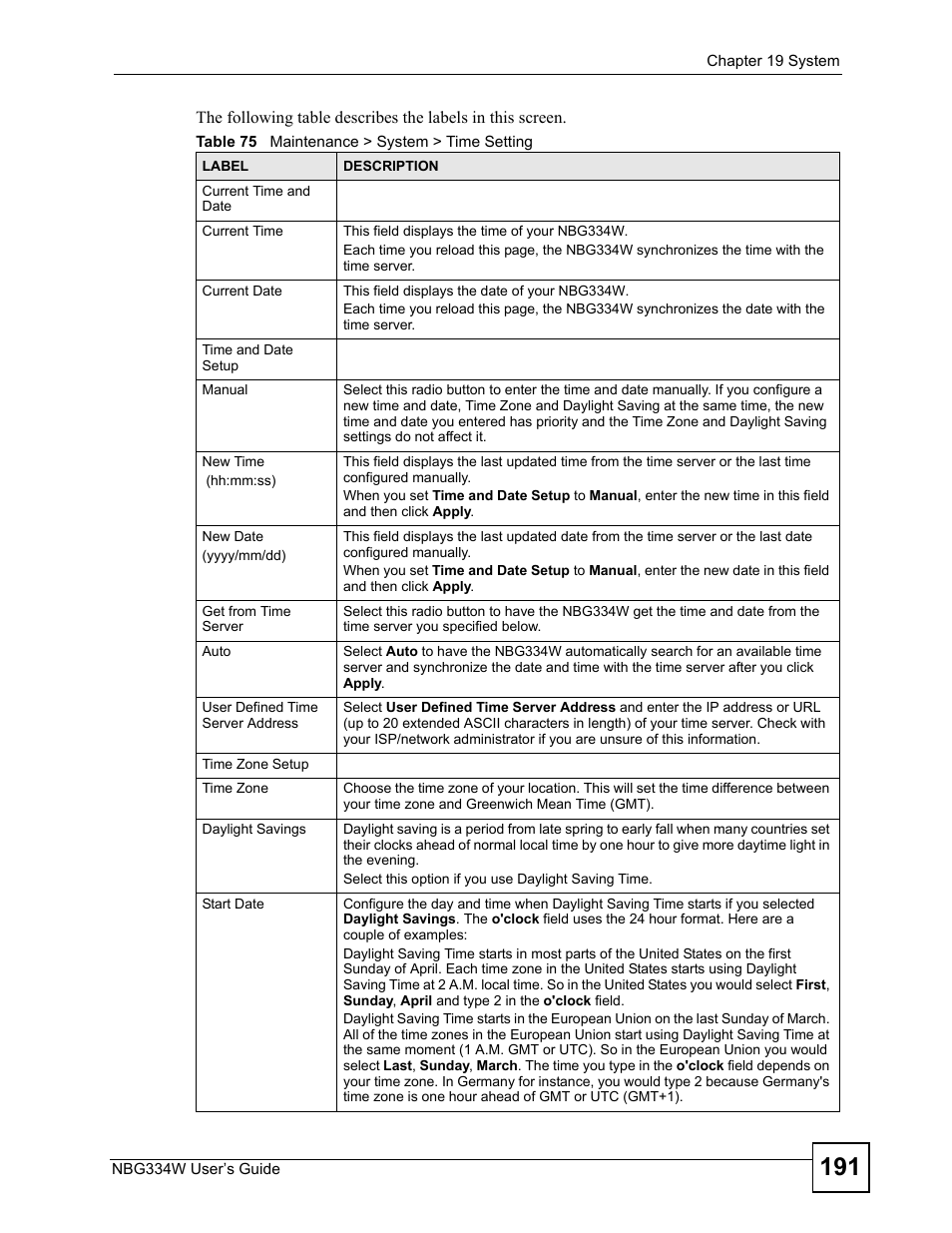 Table 75 maintenance > system > time setting | ZyXEL Communications NBG334W User Manual | Page 191 / 296