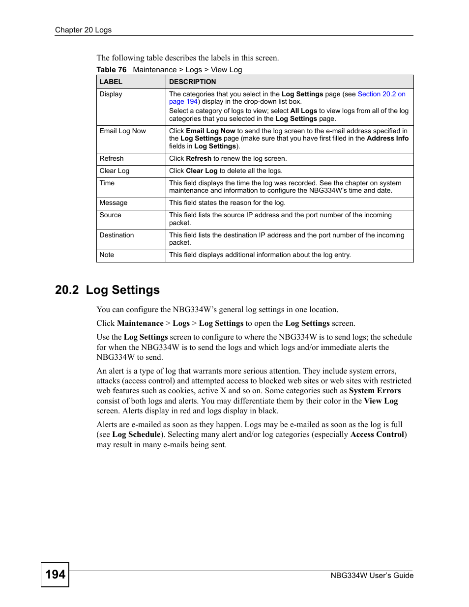 2 log settings, Table 76 maintenance > logs > view log | ZyXEL Communications NBG334W User Manual | Page 194 / 296