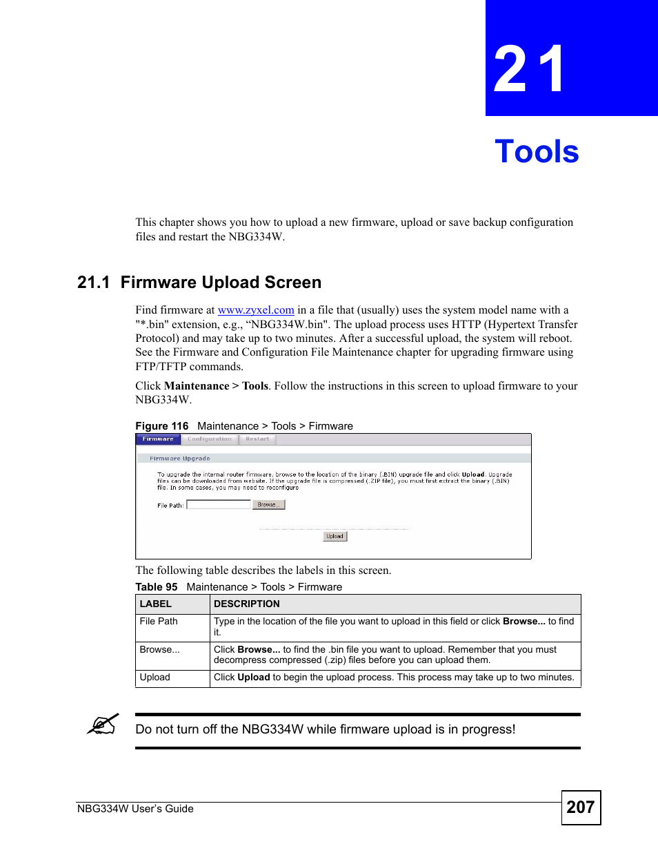 Tools, 1 firmware upload screen, Chapter 21 tools | Figure 116 maintenance > tools > firmware, Table 95 maintenance > tools > firmware, Tools (207) | ZyXEL Communications NBG334W User Manual | Page 207 / 296