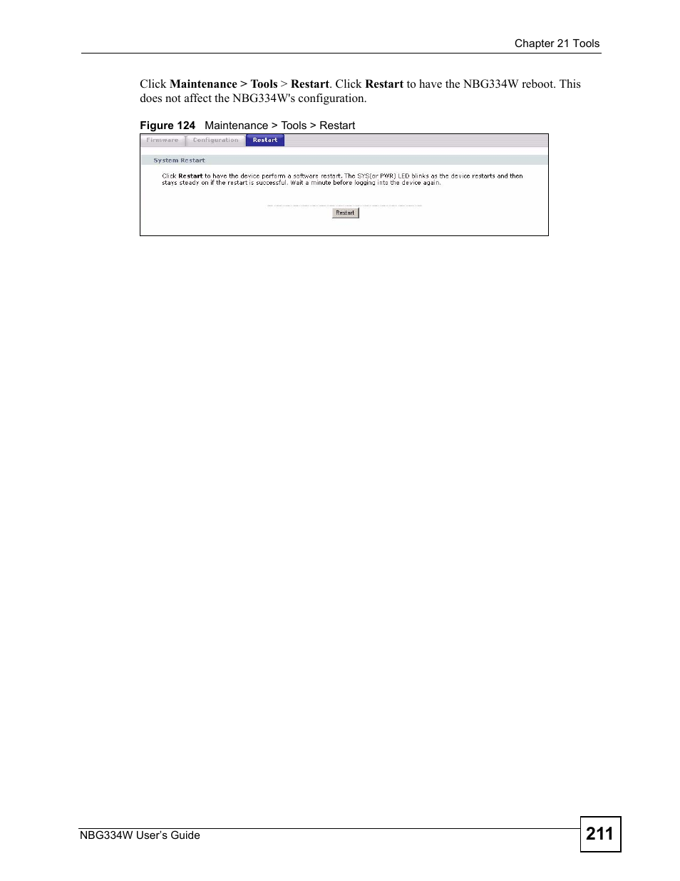 Figure 124 maintenance > tools > restart | ZyXEL Communications NBG334W User Manual | Page 211 / 296