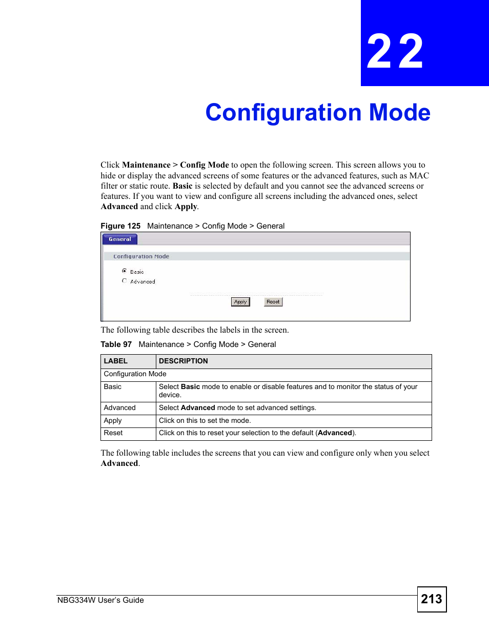 Configuration mode, Chapter 22 configuration mode, Figure 125 maintenance > config mode > general | Table 97 maintenance > config mode > general, Configuration mode (213) | ZyXEL Communications NBG334W User Manual | Page 213 / 296