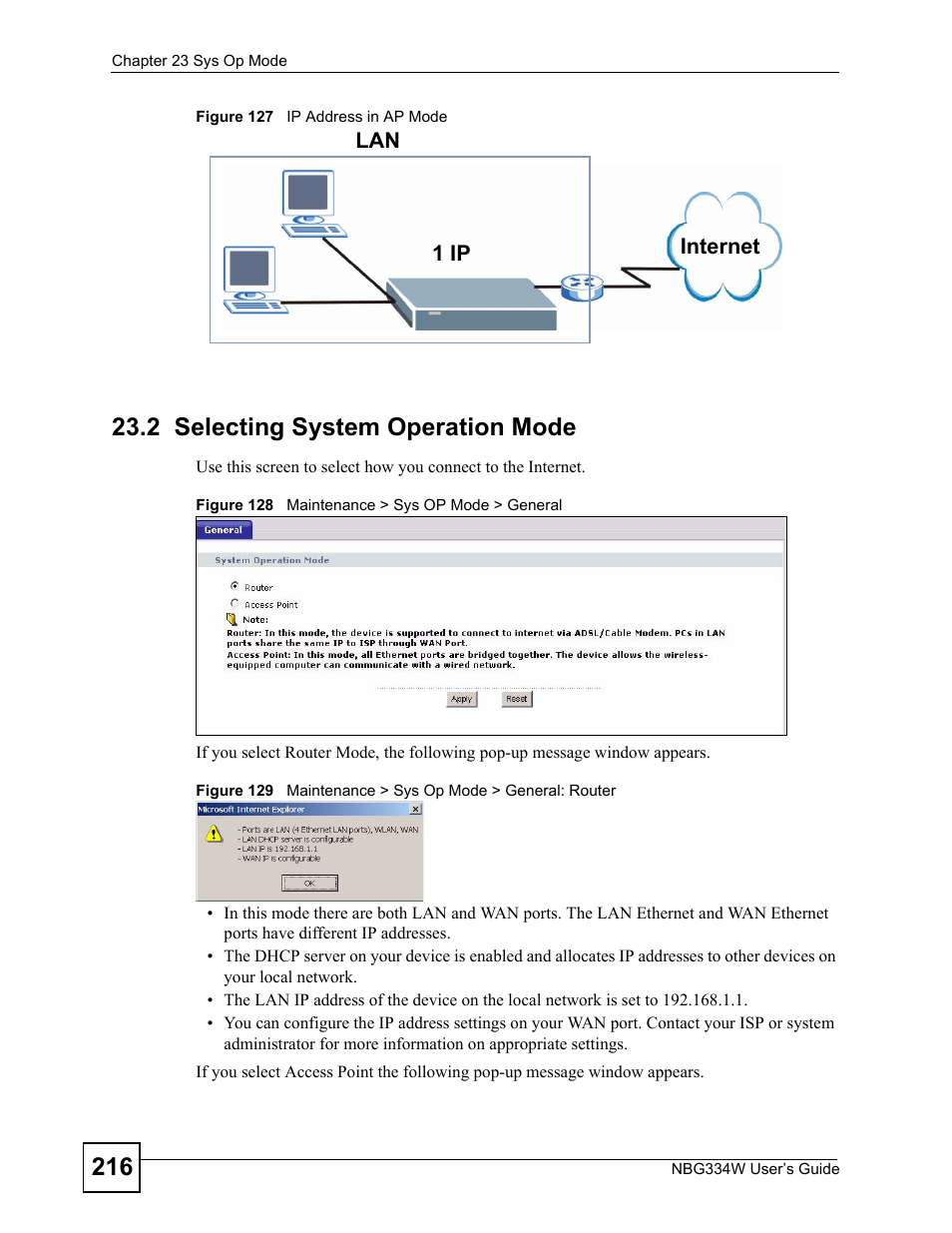 2 selecting system operation mode | ZyXEL Communications NBG334W User Manual | Page 216 / 296