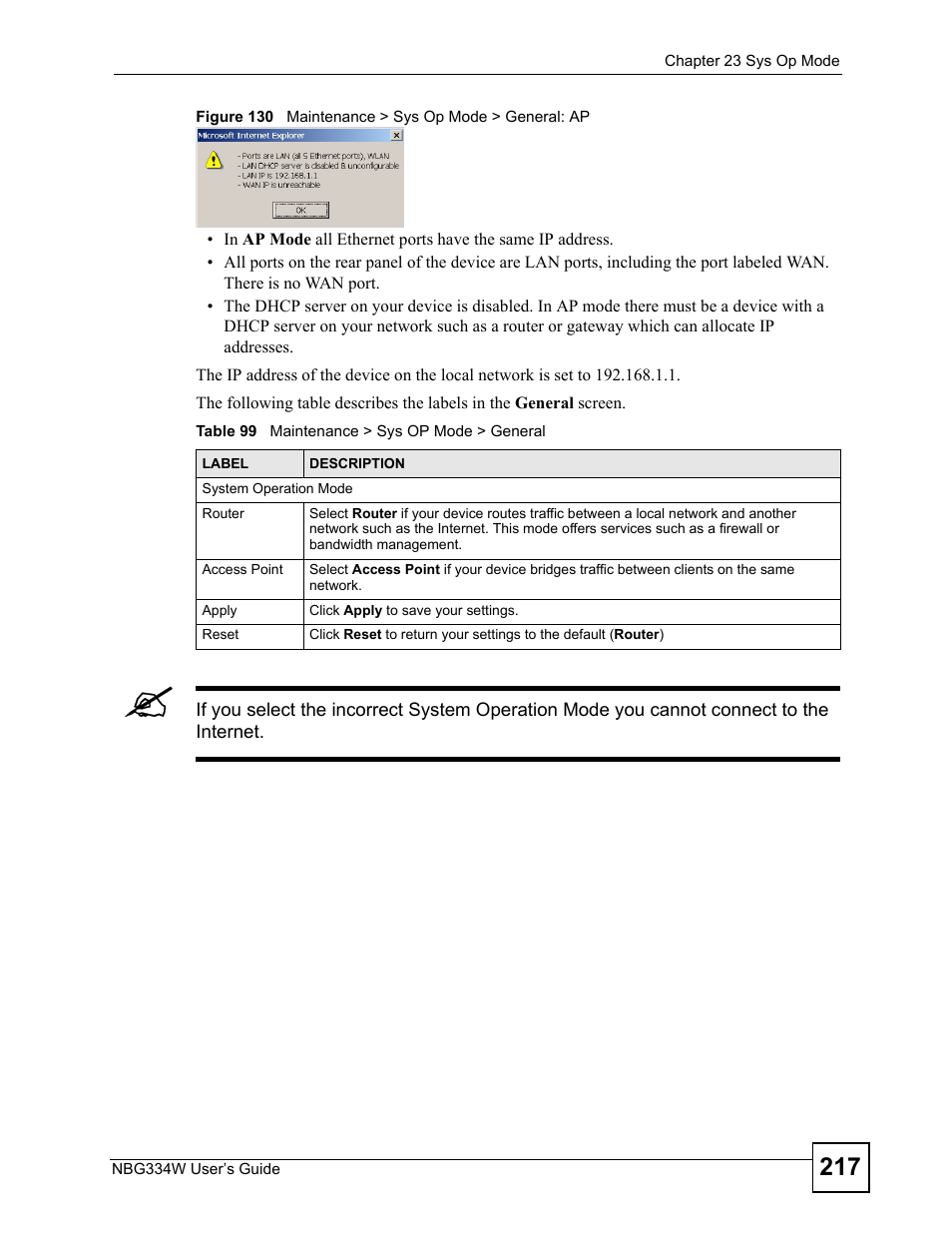 Figure 130 maintenance > sys op mode > general: ap, Table 99 maintenance > sys op mode > general | ZyXEL Communications NBG334W User Manual | Page 217 / 296