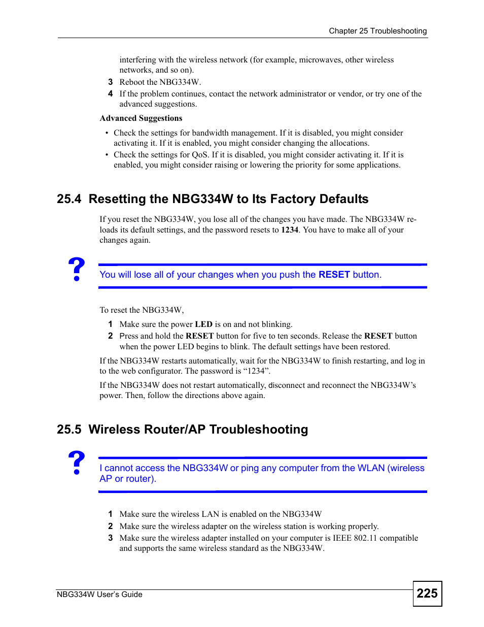 4 resetting the nbg334w to its factory defaults, 5 wireless router/ap troubleshooting, Resetting the nbg334w to its factory defaults | Wireless router/ap troubleshooting, Section | ZyXEL Communications NBG334W User Manual | Page 225 / 296