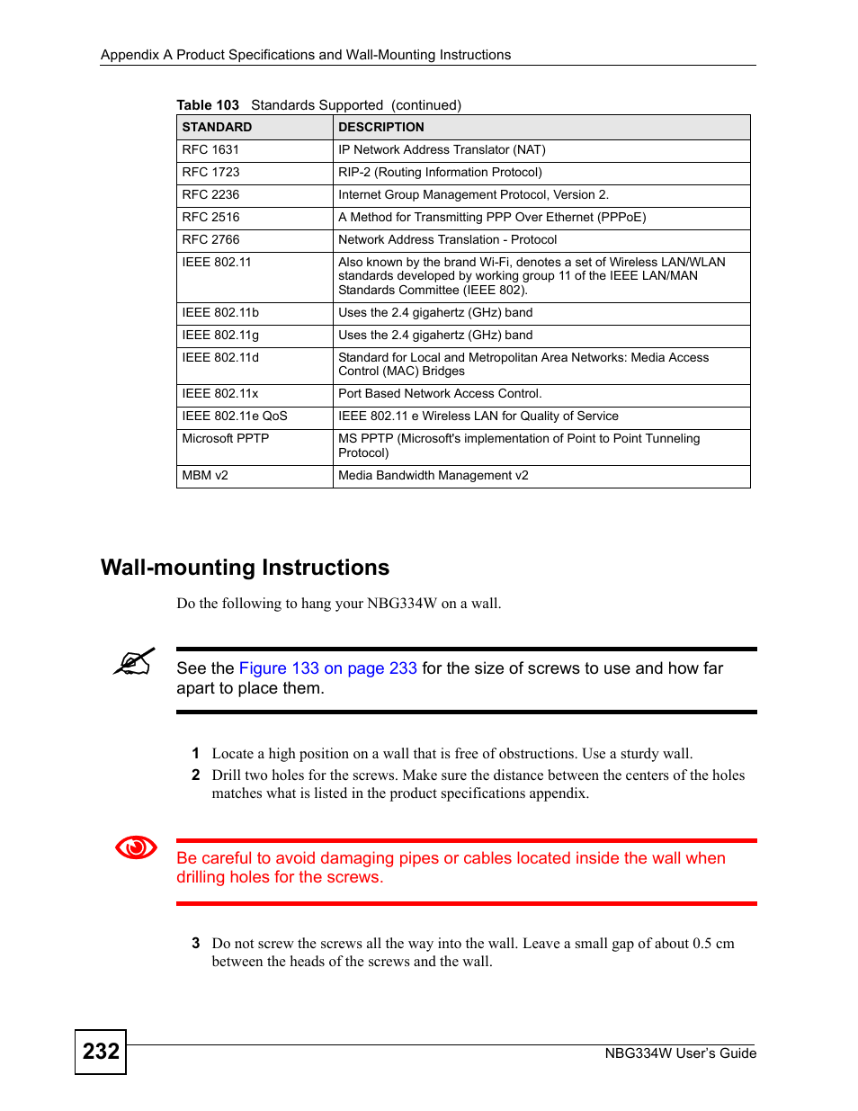 232 wall-mounting instructions | ZyXEL Communications NBG334W User Manual | Page 232 / 296