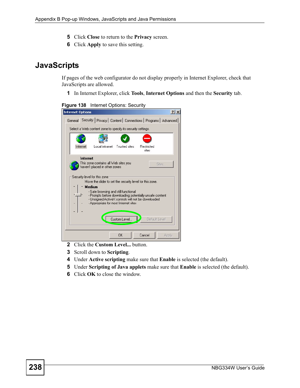 Figure 138 internet options: security, Javascripts | ZyXEL Communications NBG334W User Manual | Page 238 / 296