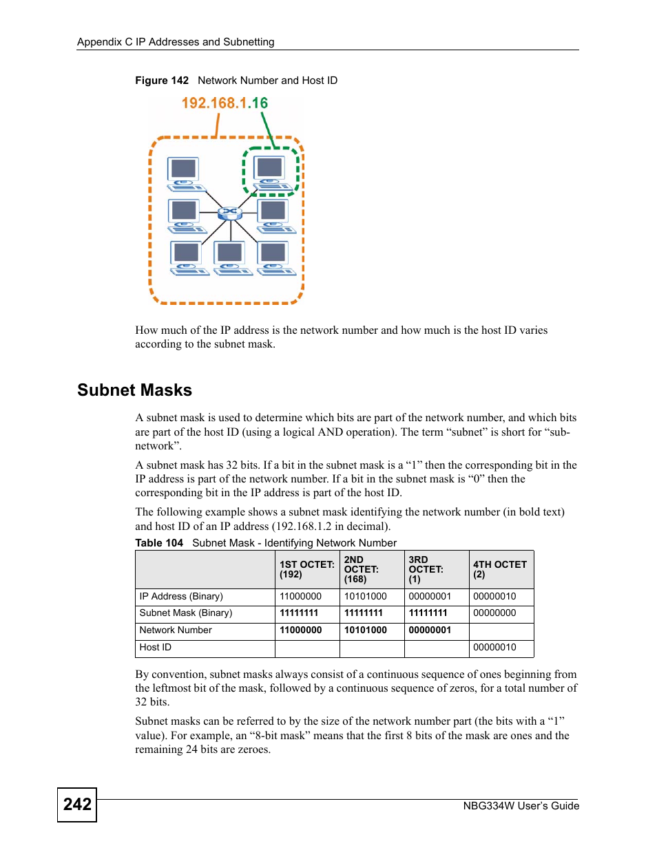 Figure 142 network number and host id, Table 104 subnet mask - identifying network number, Subnet masks | ZyXEL Communications NBG334W User Manual | Page 242 / 296