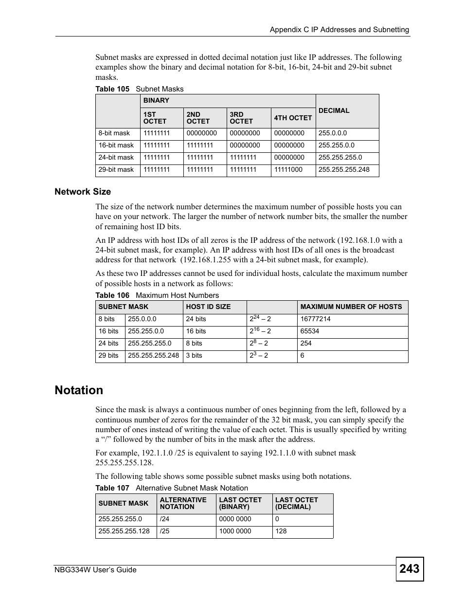 Notation, Network size | ZyXEL Communications NBG334W User Manual | Page 243 / 296