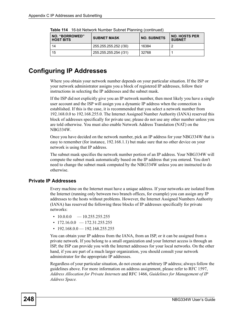 248 configuring ip addresses | ZyXEL Communications NBG334W User Manual | Page 248 / 296